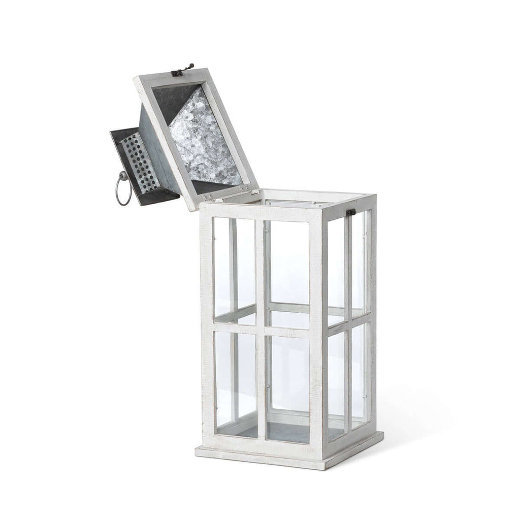 Coastal Whitewash Wood and Glass Lantern with Galvanized Metal Top