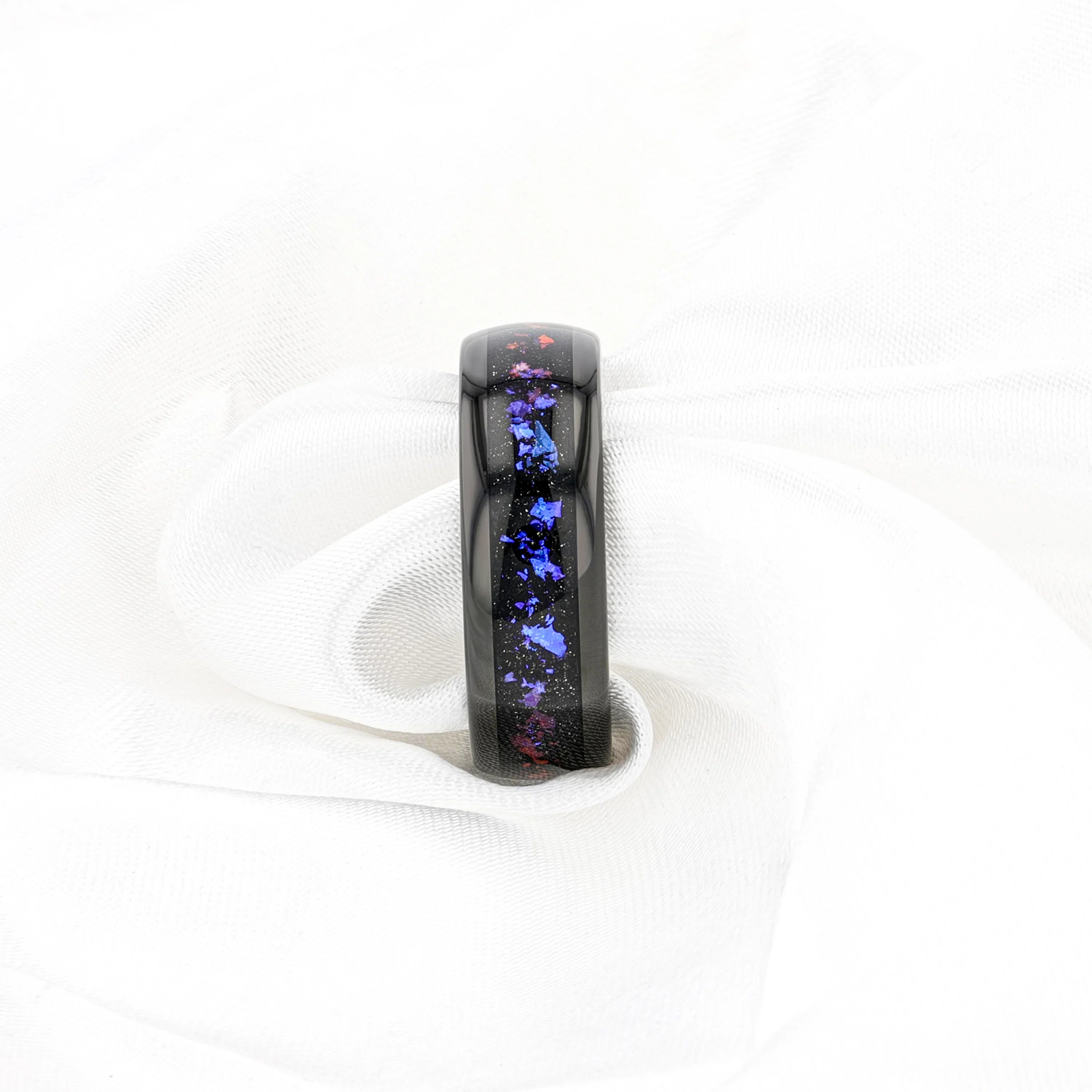 COSMIC Black Tungsten Ring with Crushed Alexandrite and Dark Blue & Purple Crushed Goldstone – 4mm to 8mm
