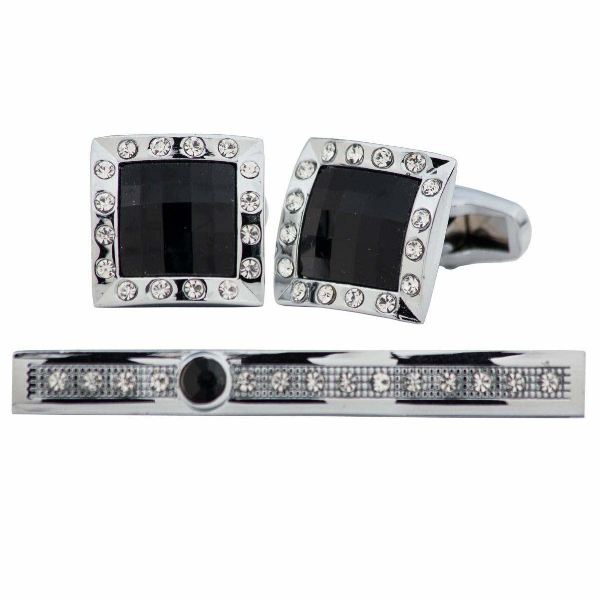 Vittorio Vico Silver Rhinestone Cufflink & Tie Bar Set in Gift Box