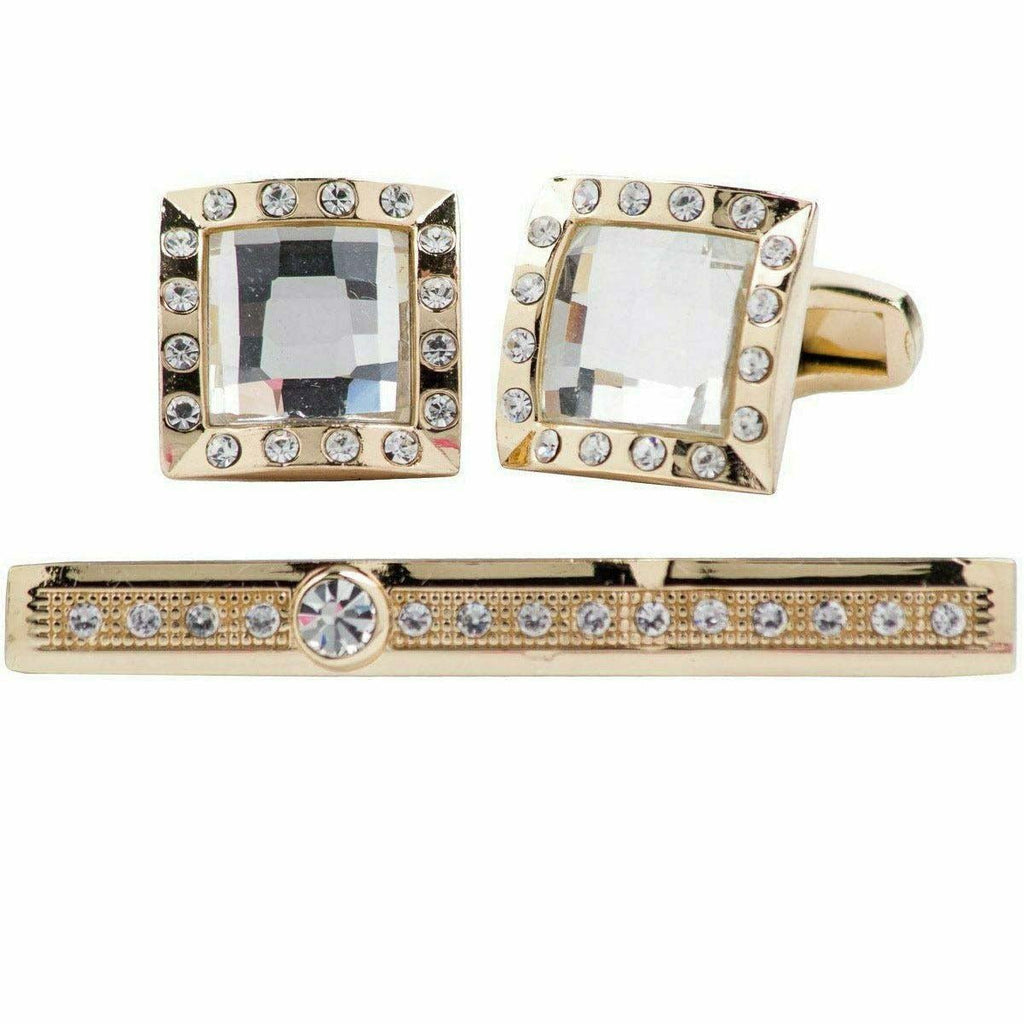 Vittorio Vico Gold Rhinestone Cufflinks & Tie Bar Set in Gift Box
