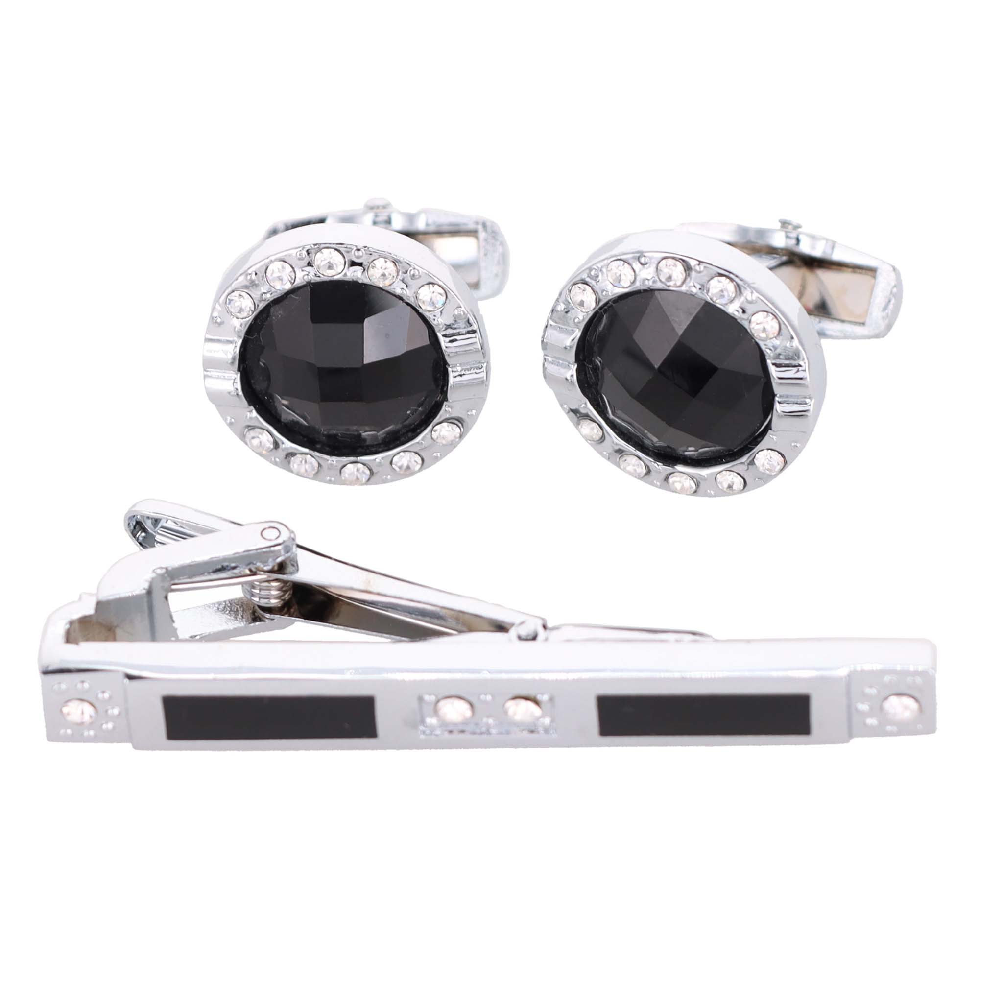 Vittorio Vico Silver Rhinestone Cufflink & Tie Bar Set in Gift Box