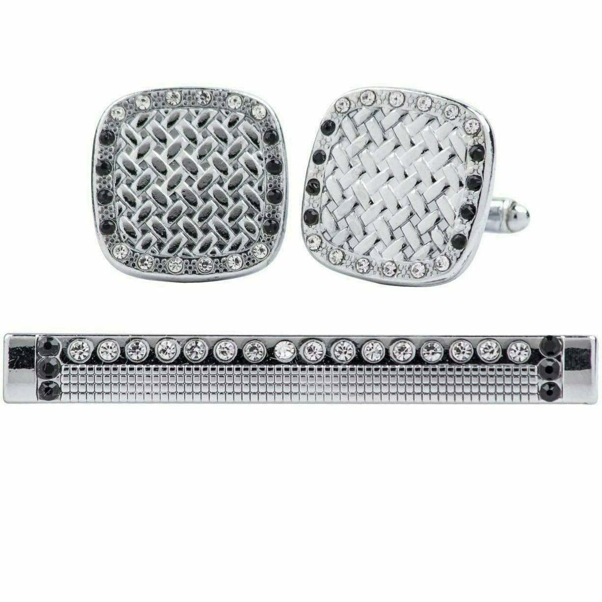 Vittorio Vico Silver Rhinestone Cufflink & Tie Bar Set in Gift Box
