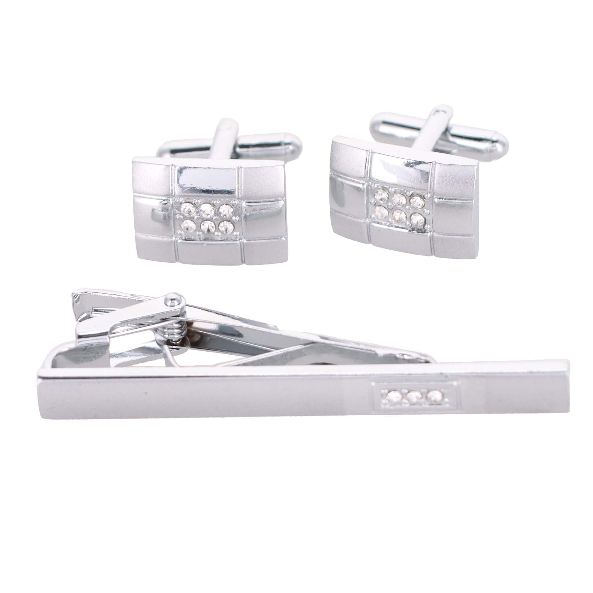Vittorio Vico Silver Rhinestone Cufflink & Tie Bar Set in Gift Box