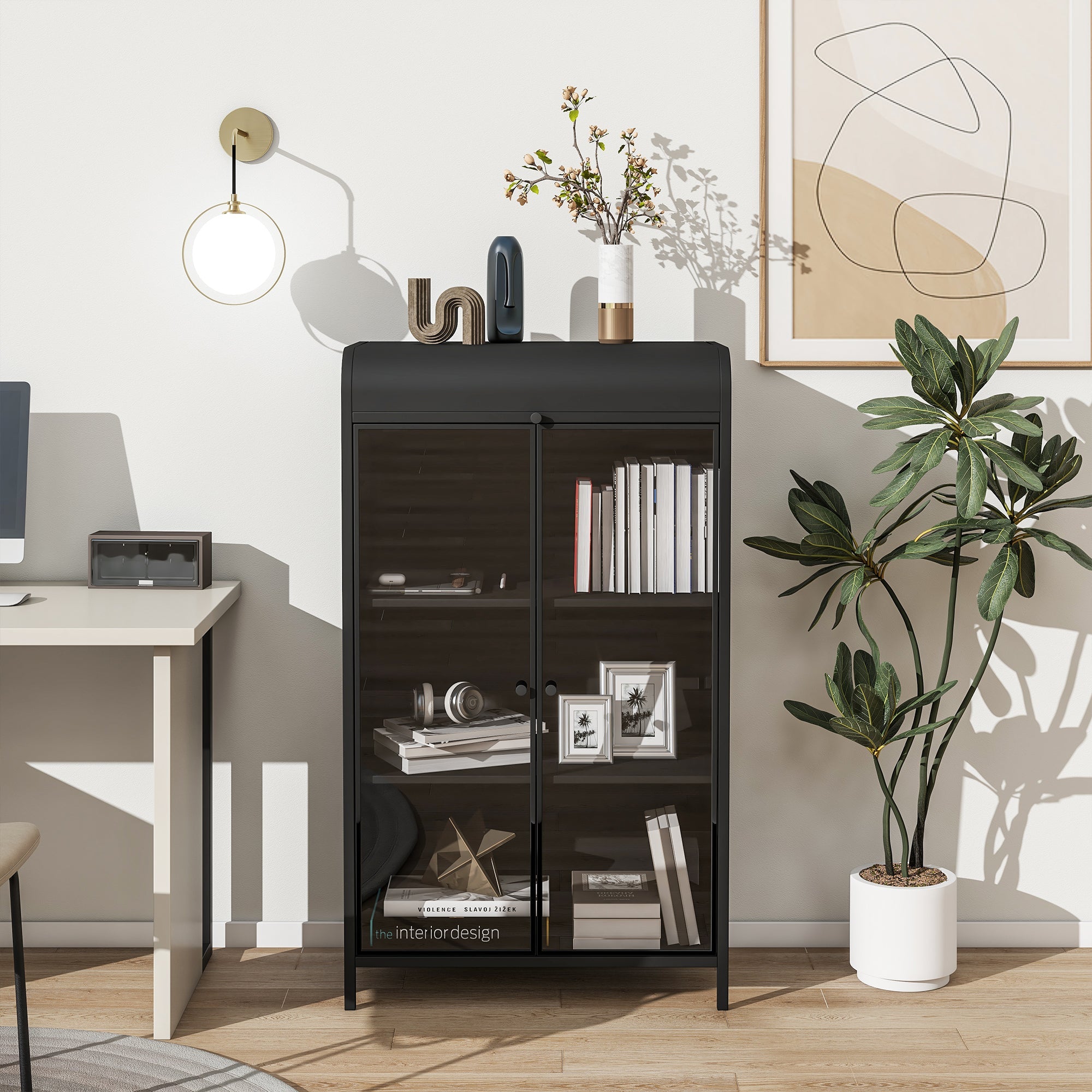 47.6' Tall Metal Storage Cabinet with Glass Doors & Flip-Top, 4-Tier Display Cabinet with Open Shelves, Freestanding Steel Sideboard Buffet for Kitchen, Living Room, Home Office, Dining Room, Bathroom