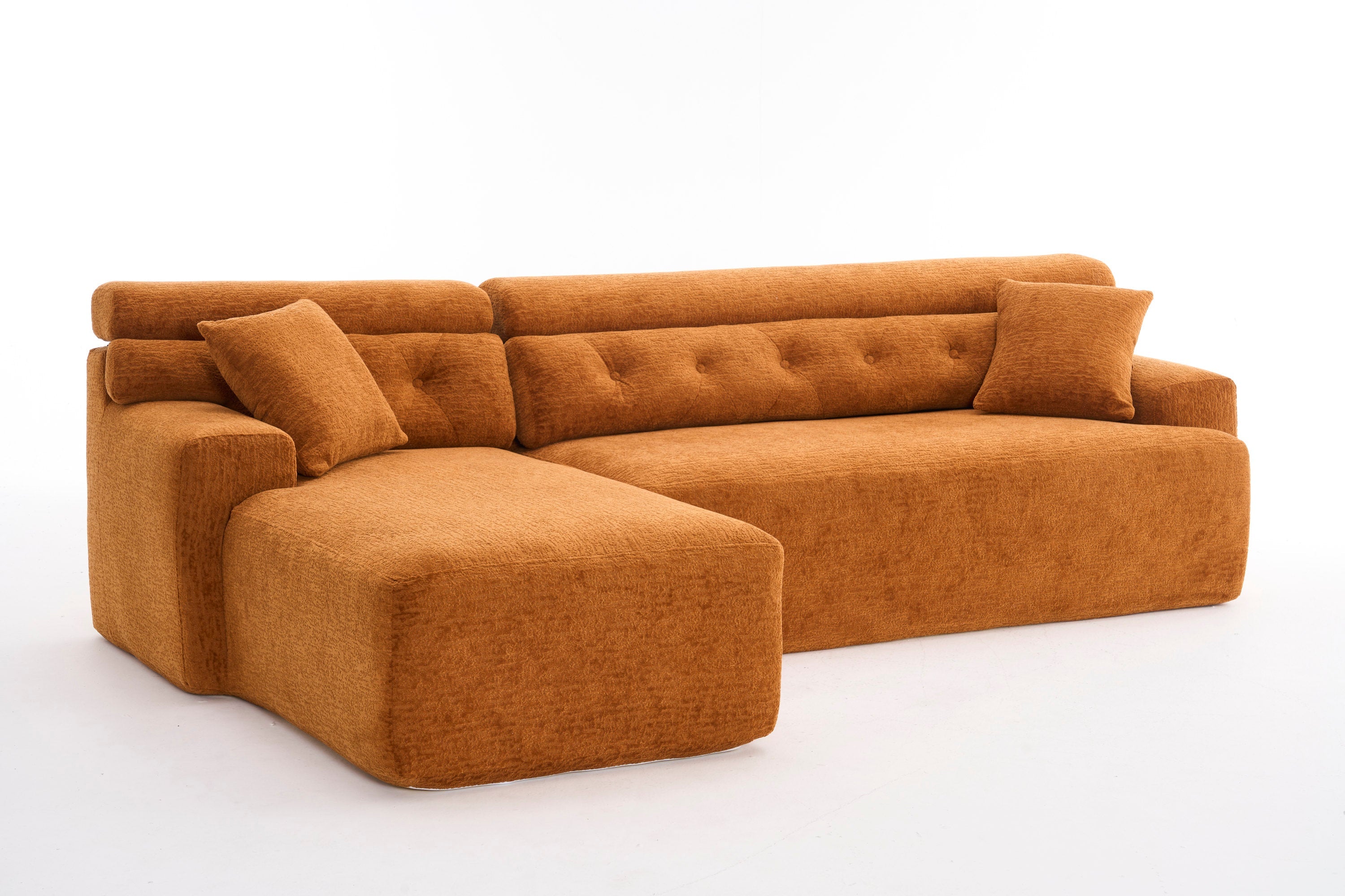 LY-029B Convertible Chaise Sectional Sofa, Full Compression Sponge Modular Couch for Apartment Living Room,Orange 3-Seater with Wood Grain Chenille, 2 Pillows Included, 86'L