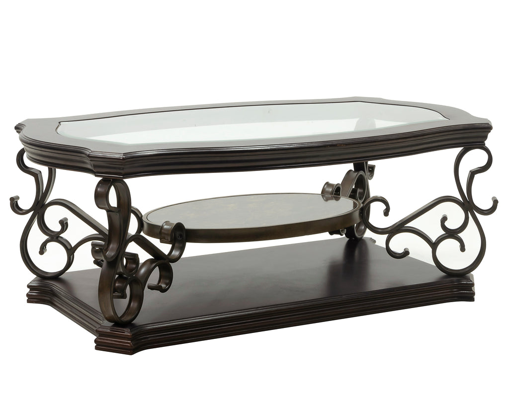 Cocktail Table, Glass table top, MDF W/marble paper middle shelf, powder coat finish metal legs. (52'Lx32'Wx20.3'H)