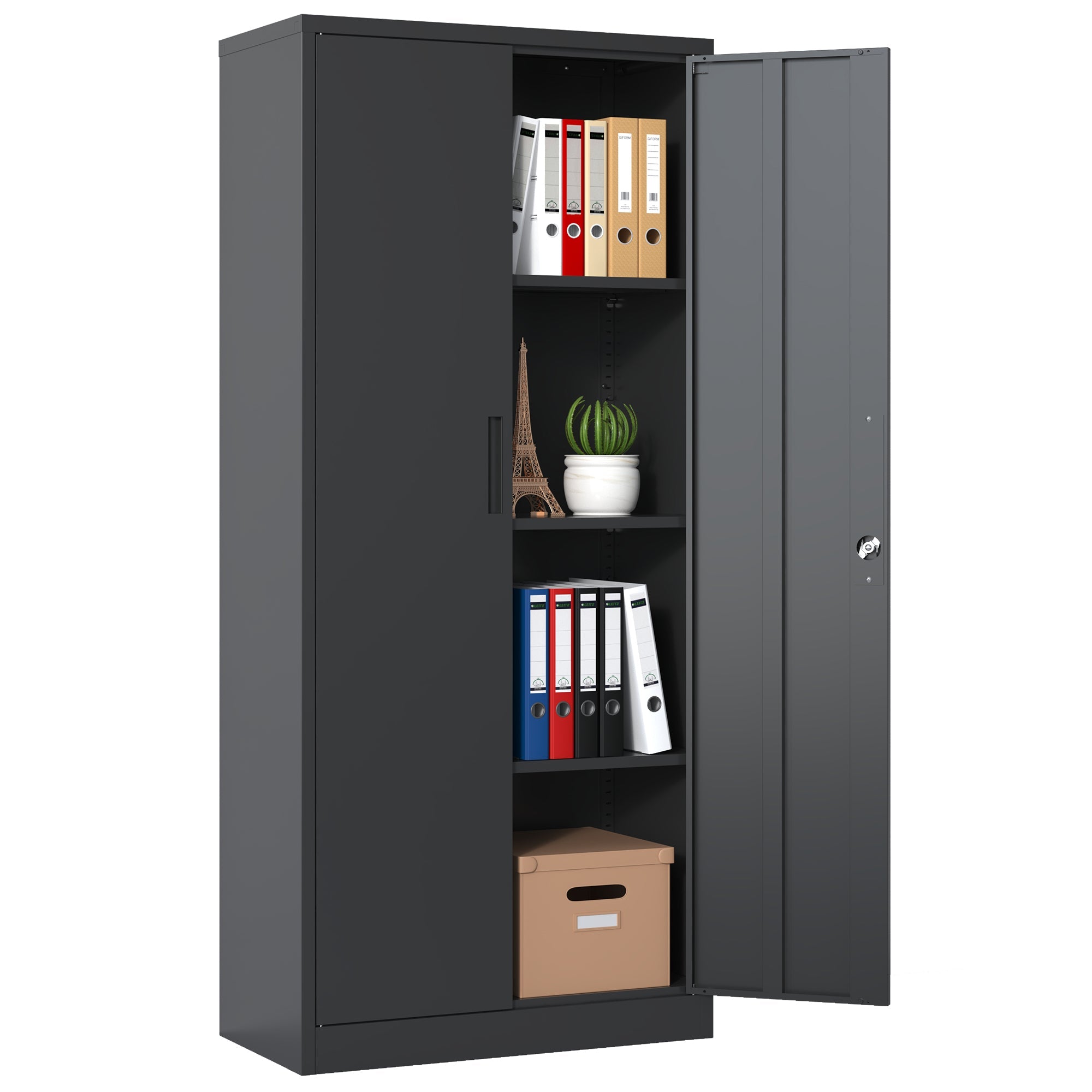 Heavy Metal Garage Storage Cabinet, Black Tool Steel Locking Cabinet with Doors and 3 Adjustable Shelves, 71 Inch Tall