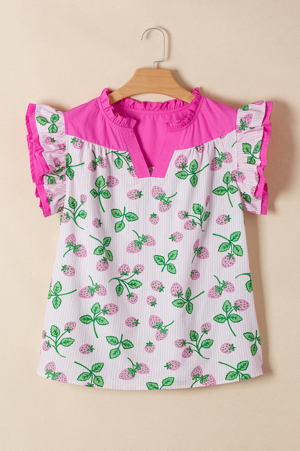 Stripe Strawberry Patchwork Flutter Sleeve V-Neck Blouse