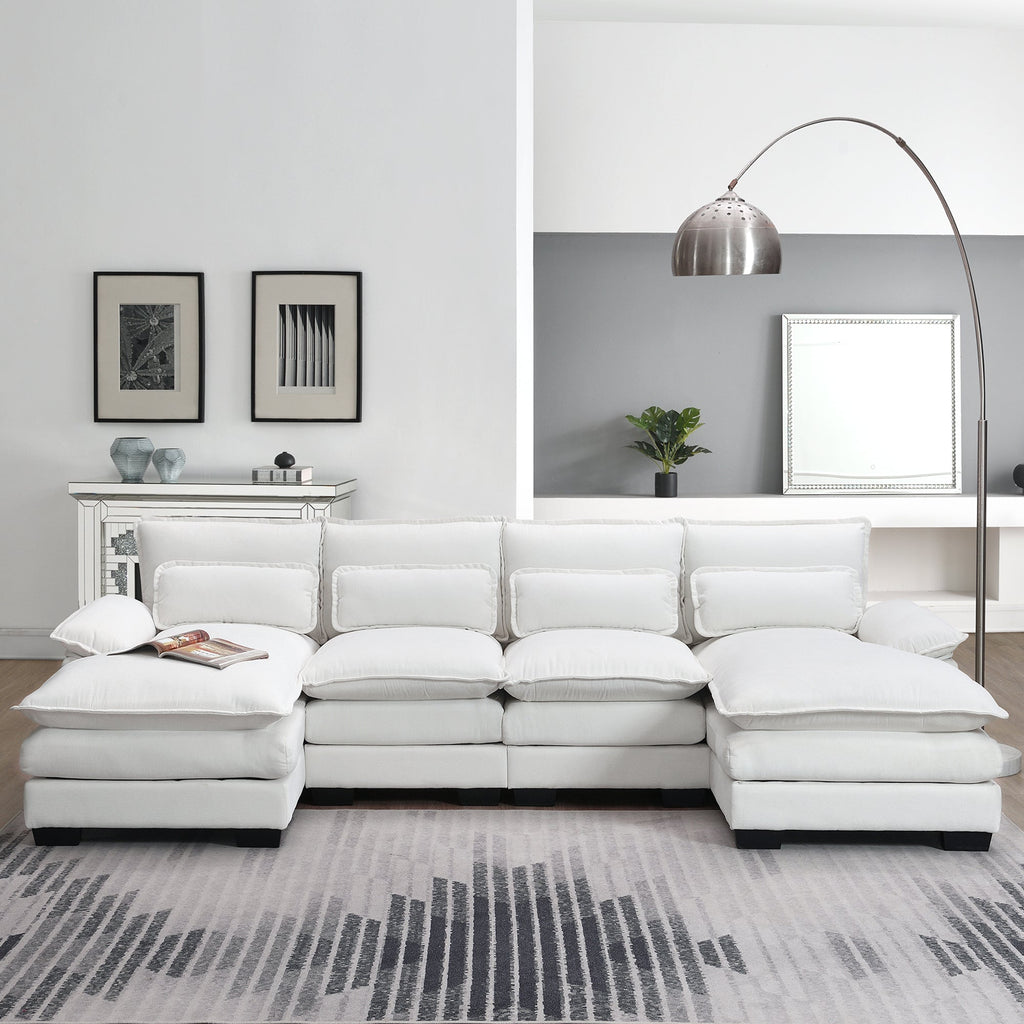 Modern U-shaped Sectional Sofa with Waist Pillows, 6-Seat Upholstered Symmetrical Sofa Furniture, Sleeper Sofa Couch with Chaise Lounge, Chenille and Velvet Options