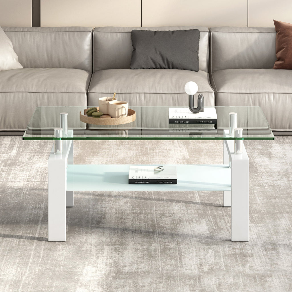 Luxury Modern Tempered Clear Glass Coffee Table with 2-Layers and Solid MDF Frame for Living Room