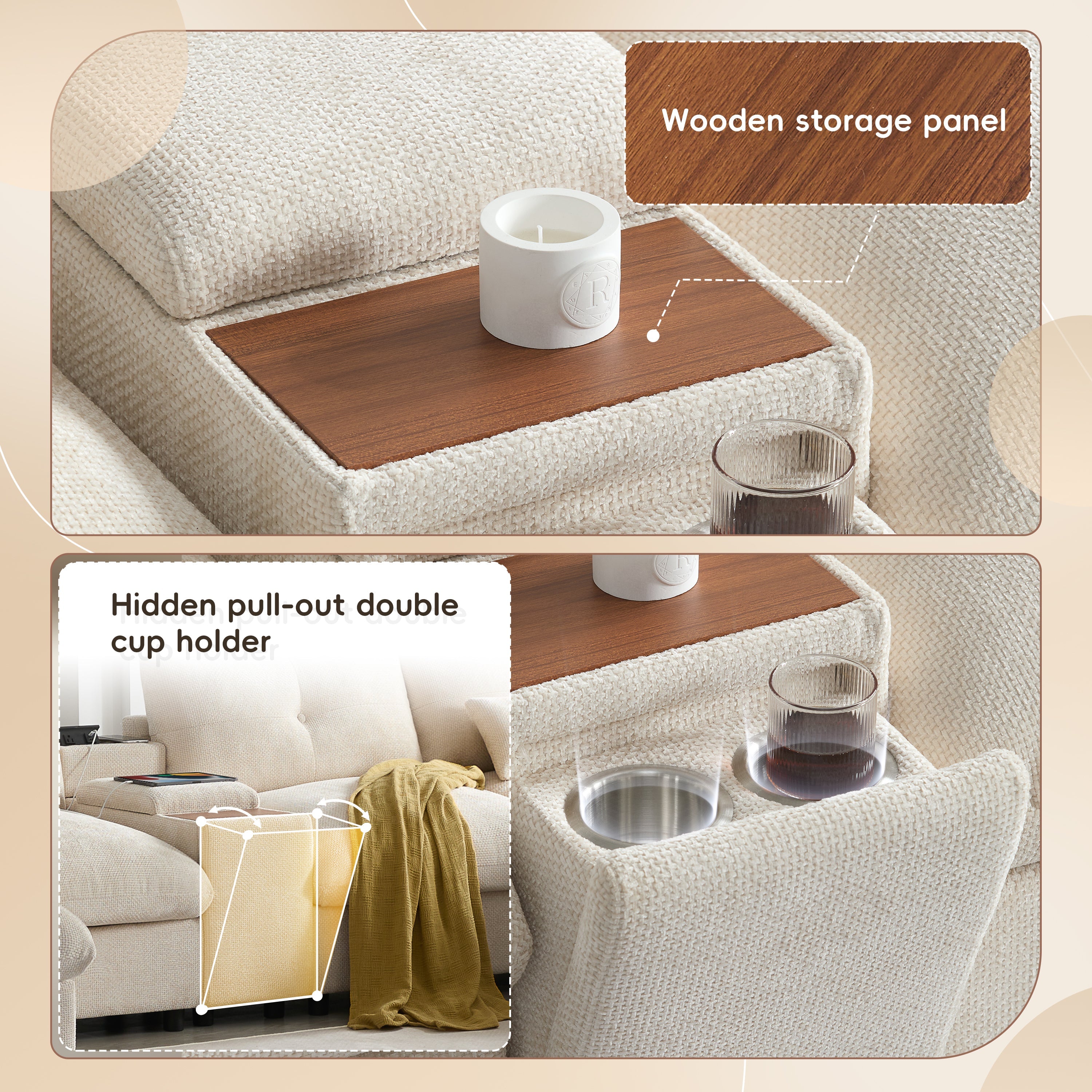 [VIDEO+NEW]142'' Modular Sectional Sofa with Movable Storage Ottoman and Console,Cup Holder,Wide Seat,6 Seat U Shaped Couch,Oversized Chenille Sofa with USB Charger for Living Room,Apartment,2 Colors