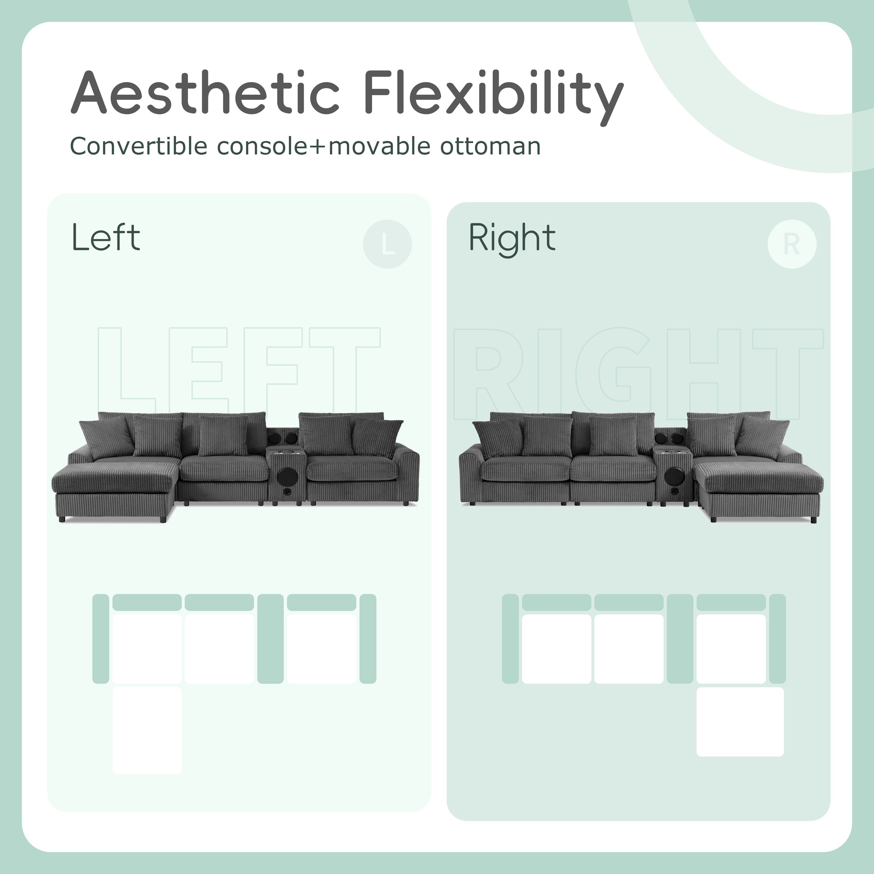 Modular Corduroy Sectional Sofa with Bluetooth Speakers, USB Charger, Cup Holders, Storage, and Ottoman in Dark Gray