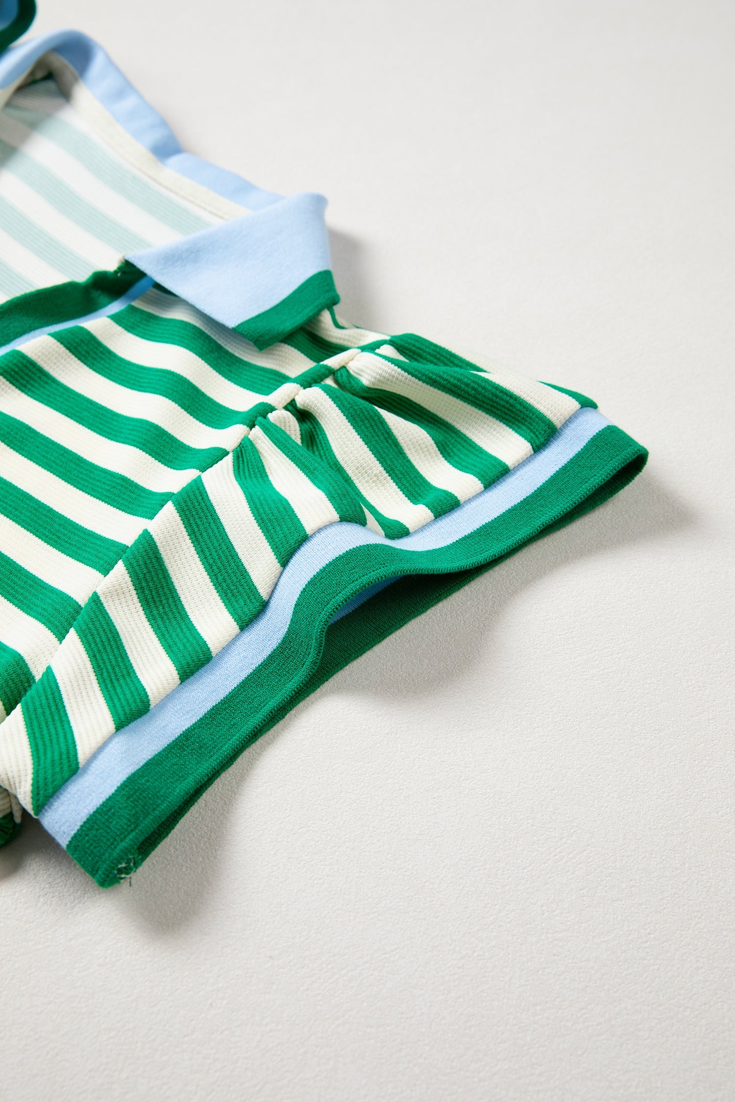 Stripe Contrast Trim Polo Collar Ruffle Sleeve Blouse