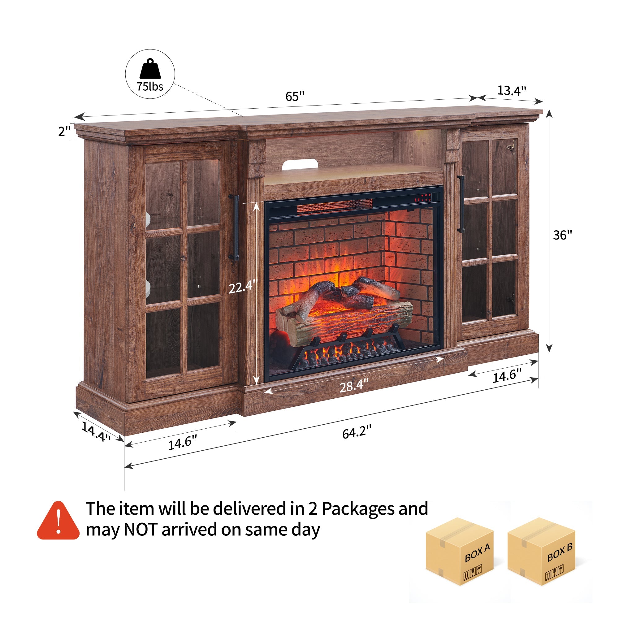 65' Fireplace TV Stand for TVs up to 75',with 28' Electric Fireplace and LED Light