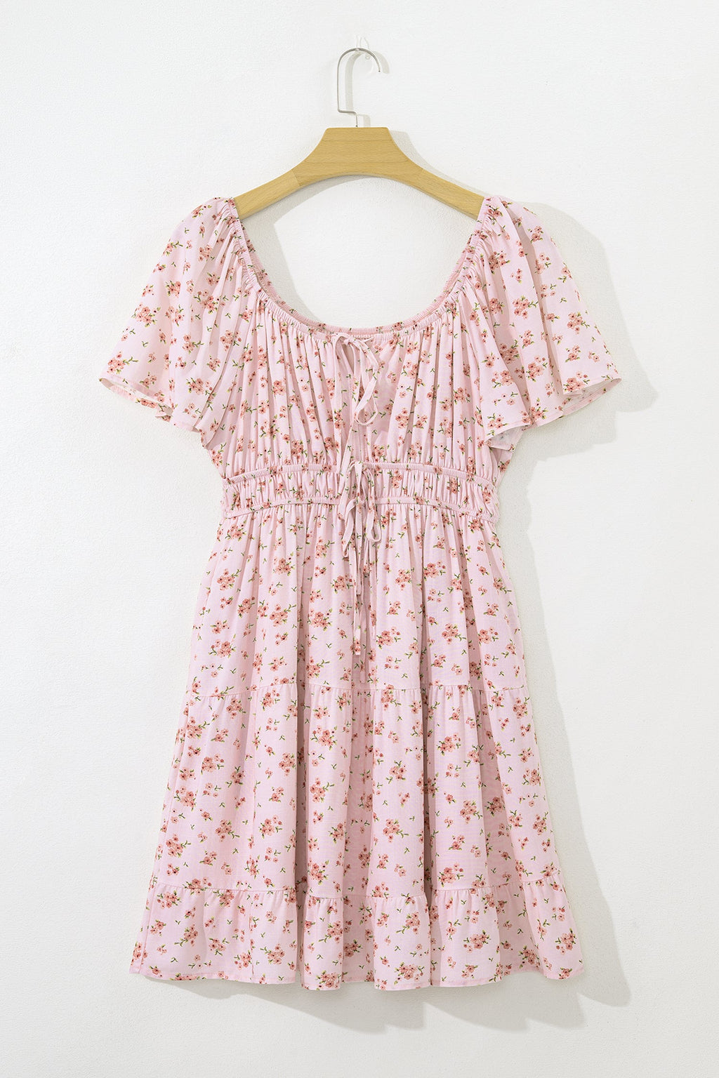 Floral Front Tie Shirred Waist Ruffle Mini Dress