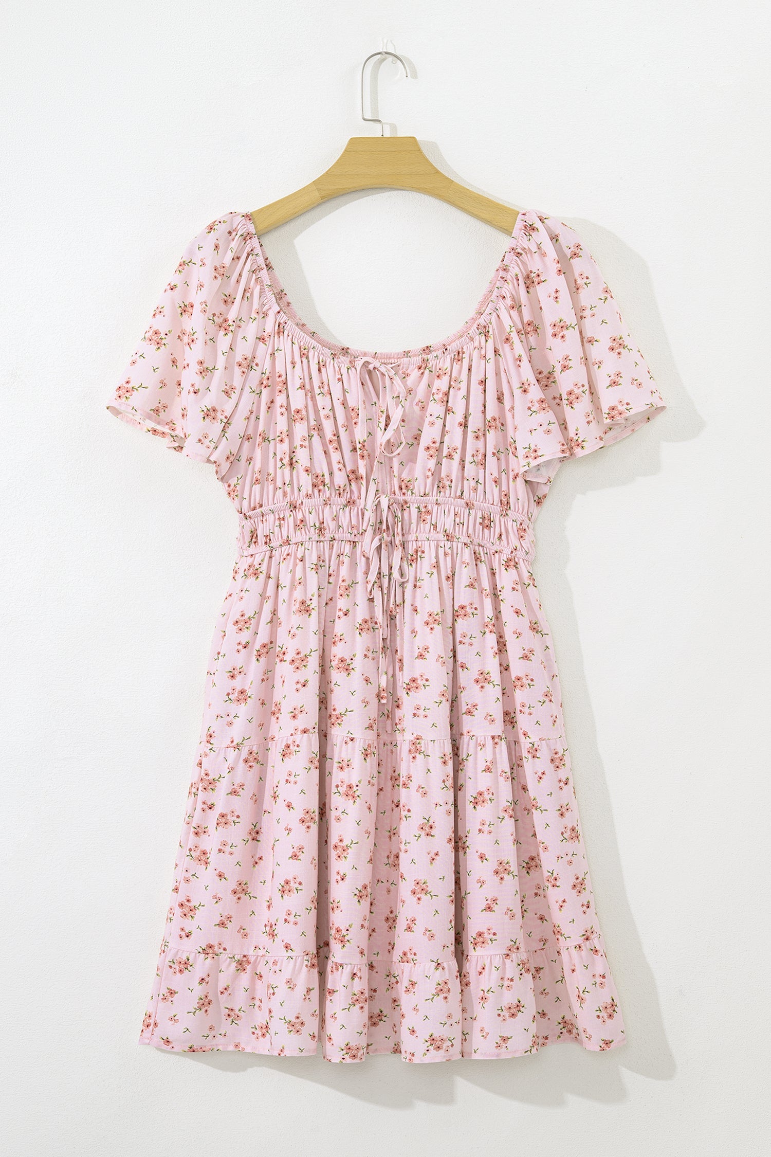 Floral Front Tie Shirred Waist Ruffle Mini Dress