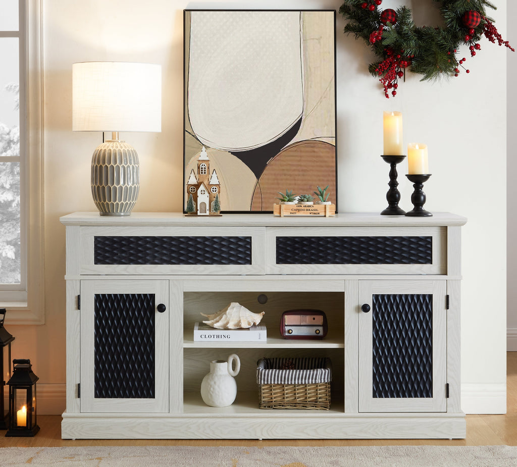 Embossed Pattern TV Stand, TV and Media Console with Open and Closed Storage Space and sliding door for Living Room & Bedroom,White, 58.27'W*15.35'W*31.7H