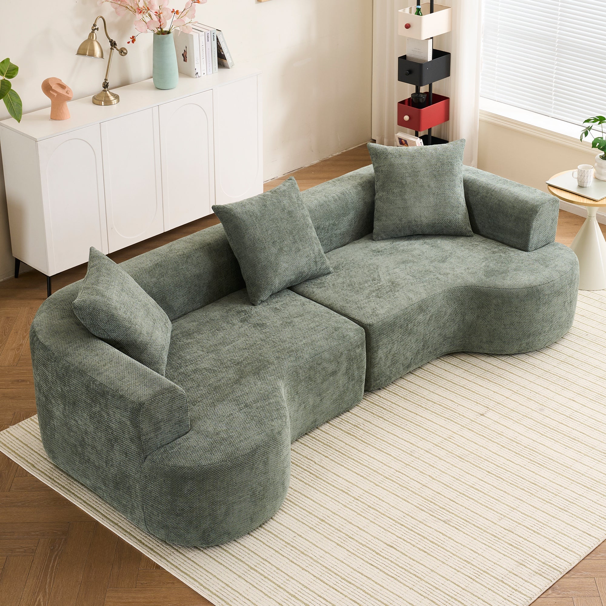 Modern Style Green Curved Sofa, Soft Corduroy Sofa with 3 Pillows, Living Room Milky White Ultra Smooth Curved Fabric Sofa