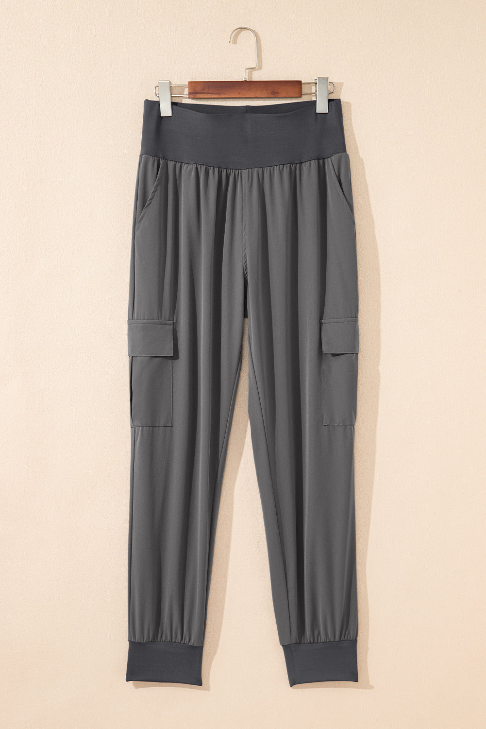 Solid Elastic High Waist Pocketed Cargo Jogger Pants