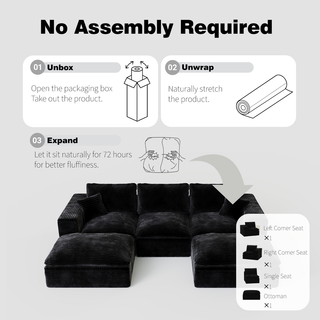 108' Cloud Sectional Couch with L-Shape Chaise, Left-right interchangeable,Modern Modular Sofa with Deep Seat, Upholstered Couches for Living Room Bedroom,No Assembly Required, Soft Plush Corduroy Fab