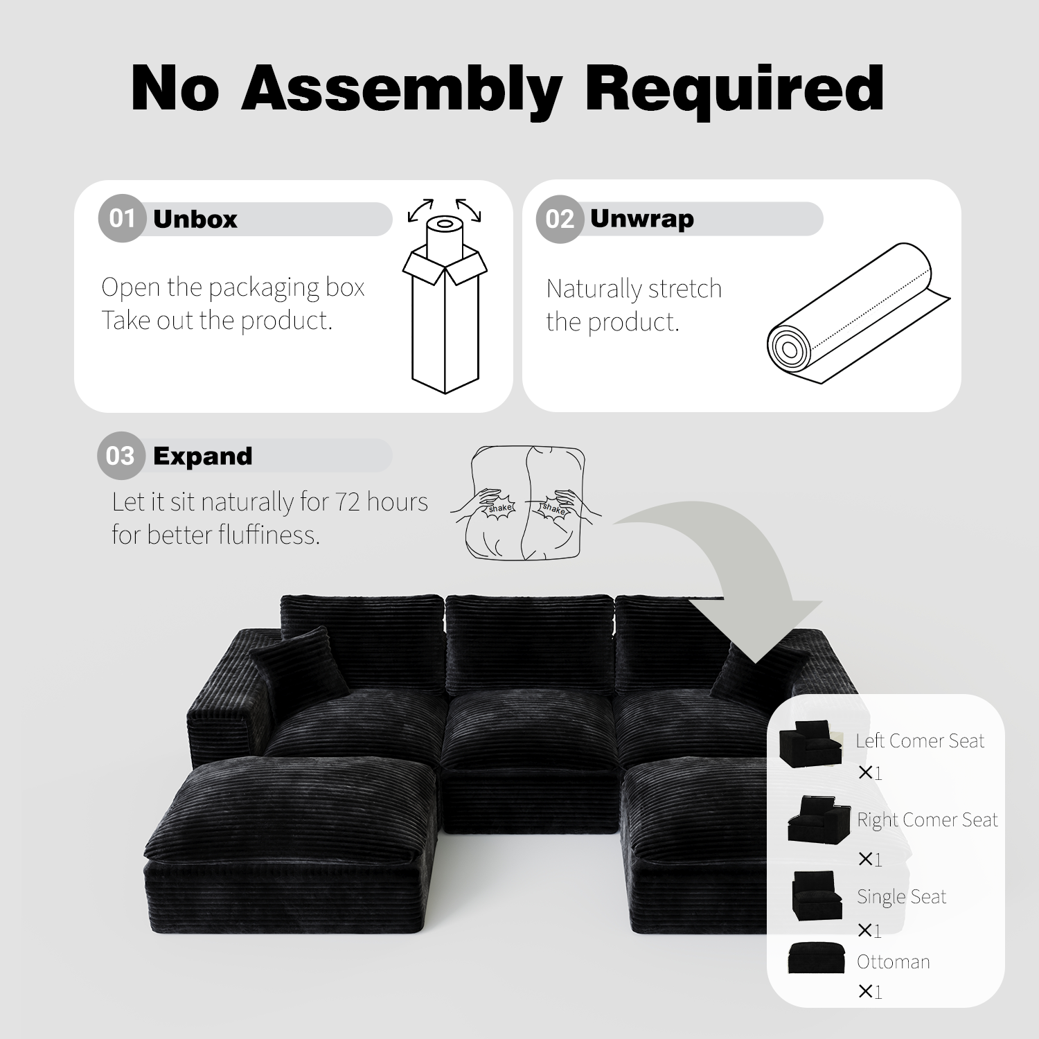 108' Cloud Sectional Couch with L-Shape Chaise, Left-right interchangeable,Modern Modular Sofa with Deep Seat, Upholstered Couches for Living Room Bedroom,No Assembly Required, Soft Plush Corduroy Fab