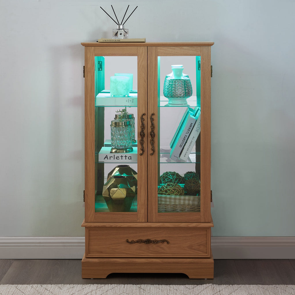 Lighted Glass Curio Display Cabinet with Adjustable Shelves - 2 Doors, 1 Drawer, LED Lights, Elegant Light Oak Finish