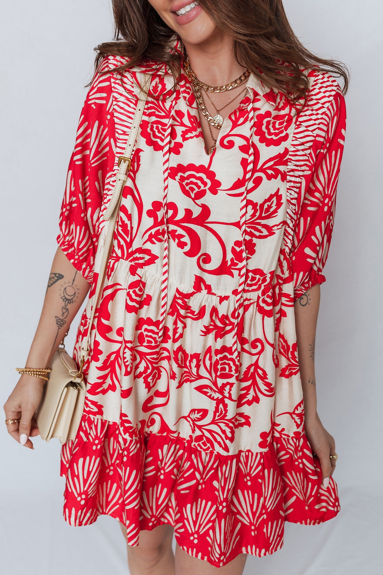 Flower V-Neck Half Sleeve Collar Mini Dress