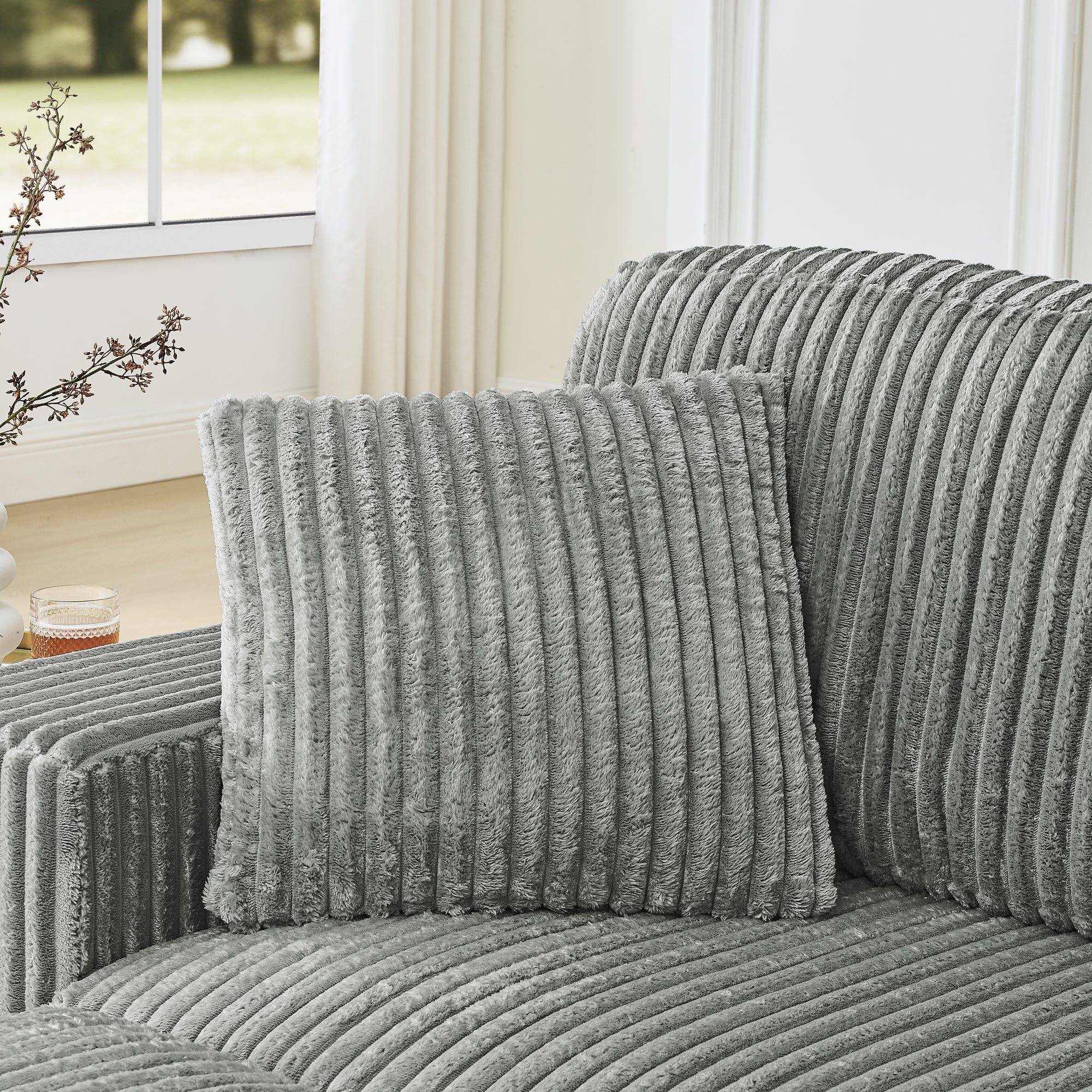 Corduroy Tufted Upholstered Sleeper Sectional Sofa, L-Shaped Modular Convertible Sofa , The arc-shaped footstool can be placed freely on the left and right-Gray