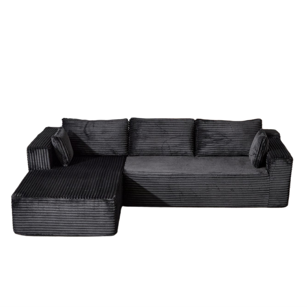 Compression Sectional Couch with Comfy Chaise, Boneless L Shape Sofa with Deep Seat, Minimalist Modular Couches Sleeper for Living Room Bedroom Apartment Lounge,corduroy,Black