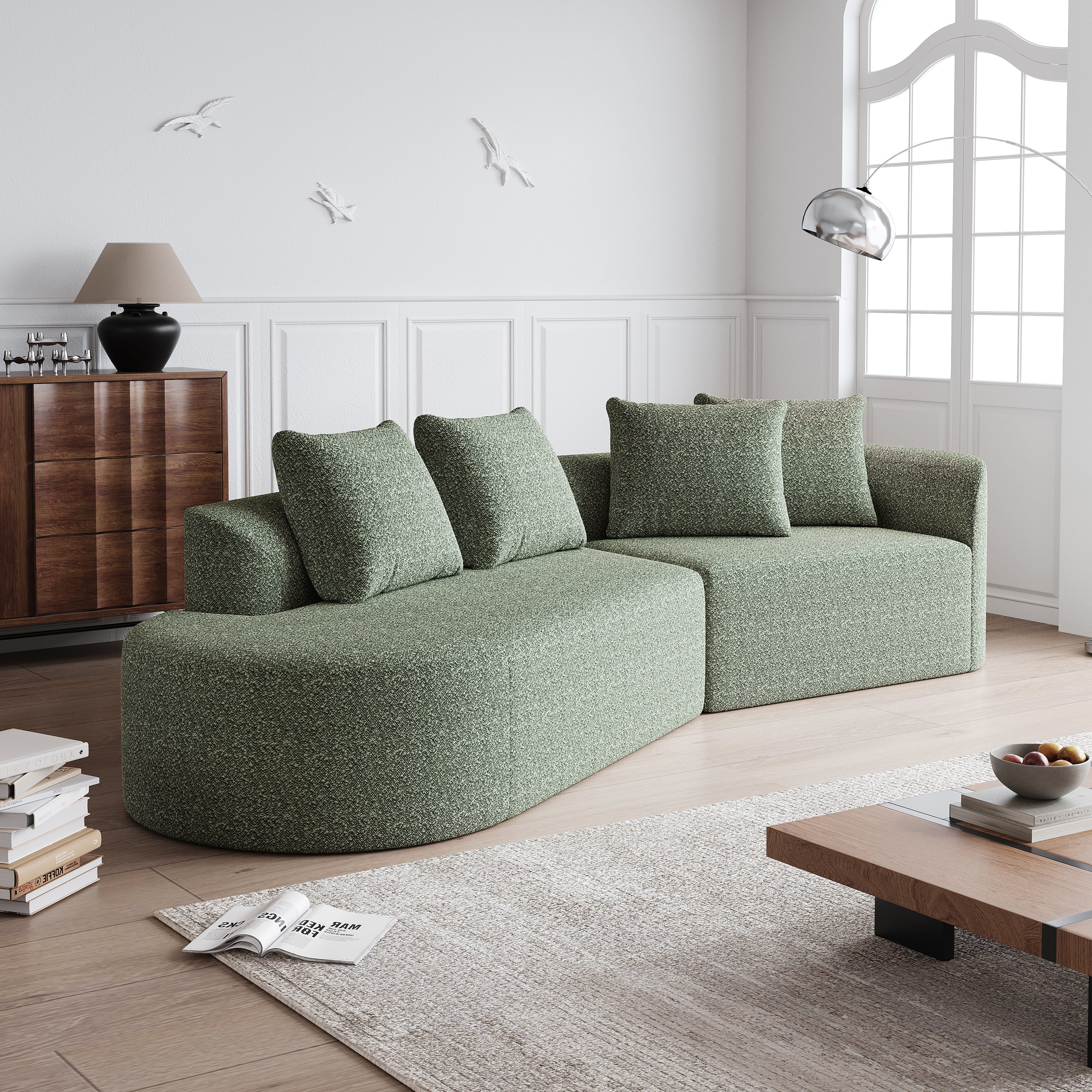 Modern Upholstered Oversized Sectional Sofa, 112-Inch Chenille 4-Seater Extra Deep & Wide Seat Curved Cloud Couch with 4 Throw Pillows, Free Combination Sofa Couch for Living Room,Bedroom