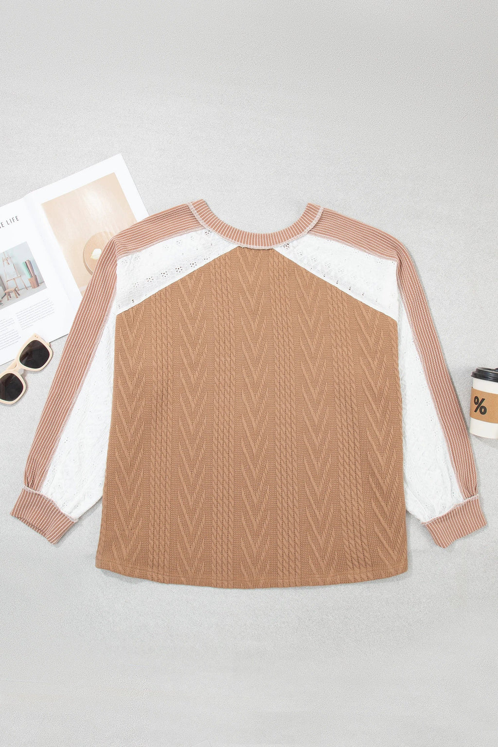 Plus Size Colorblock Lace Patchwork Long Sleeve Blouse