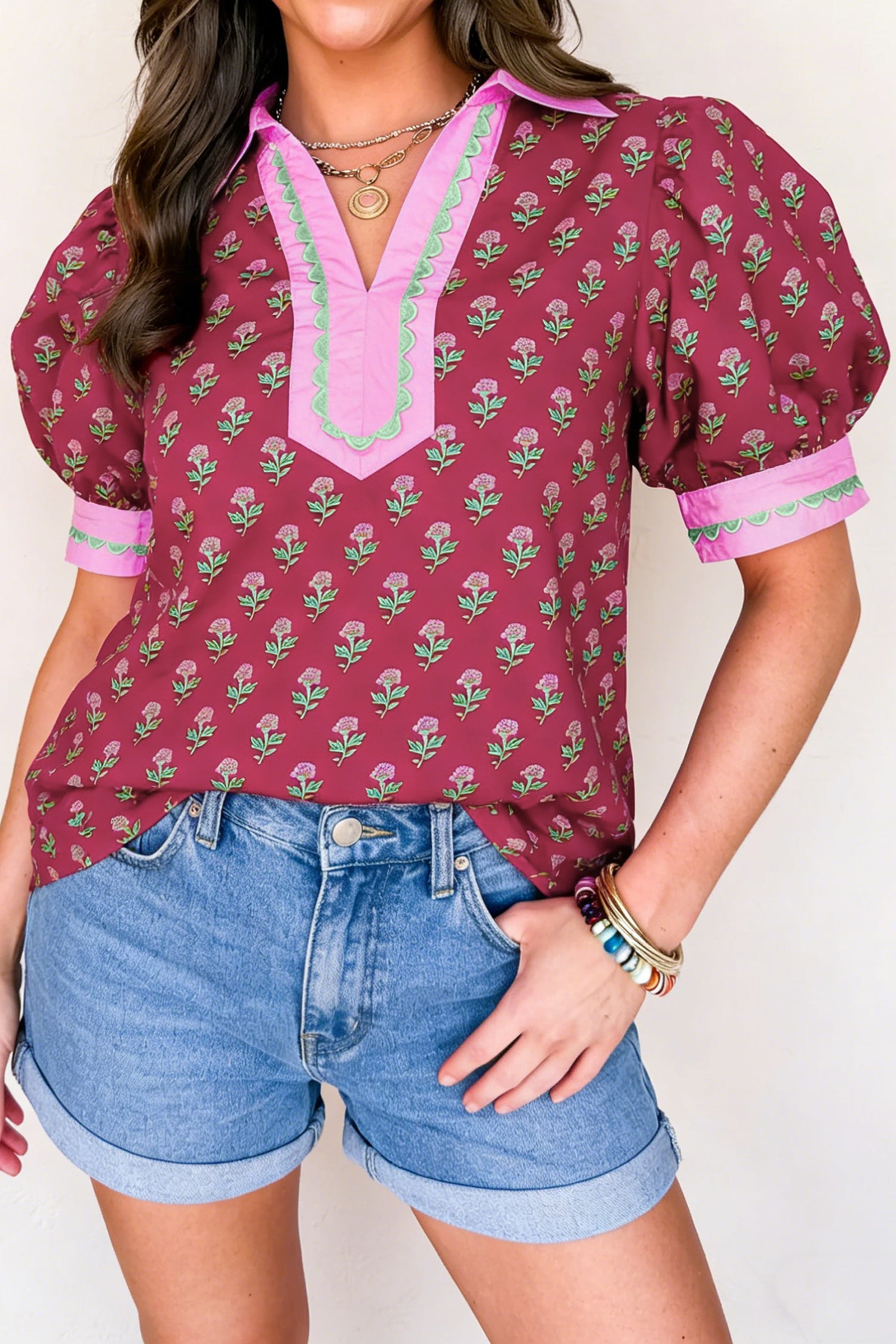 Floral Contrast Collared V-Neck Ricrac-Trim Blouse