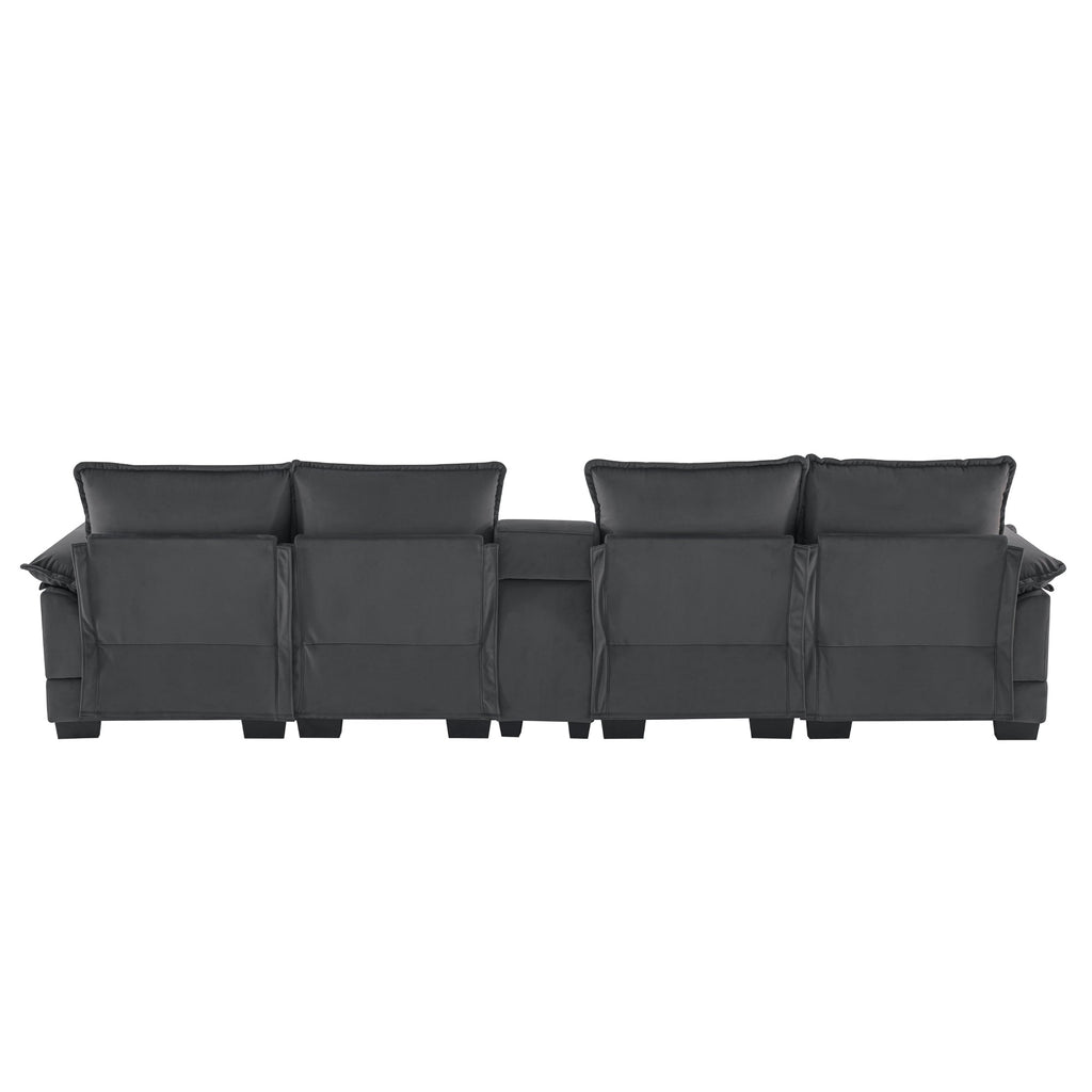 Modern U-shaped 6-Seat Sofa with Console, Cupholders, USB Ports, Velvet Upholstery in Gray