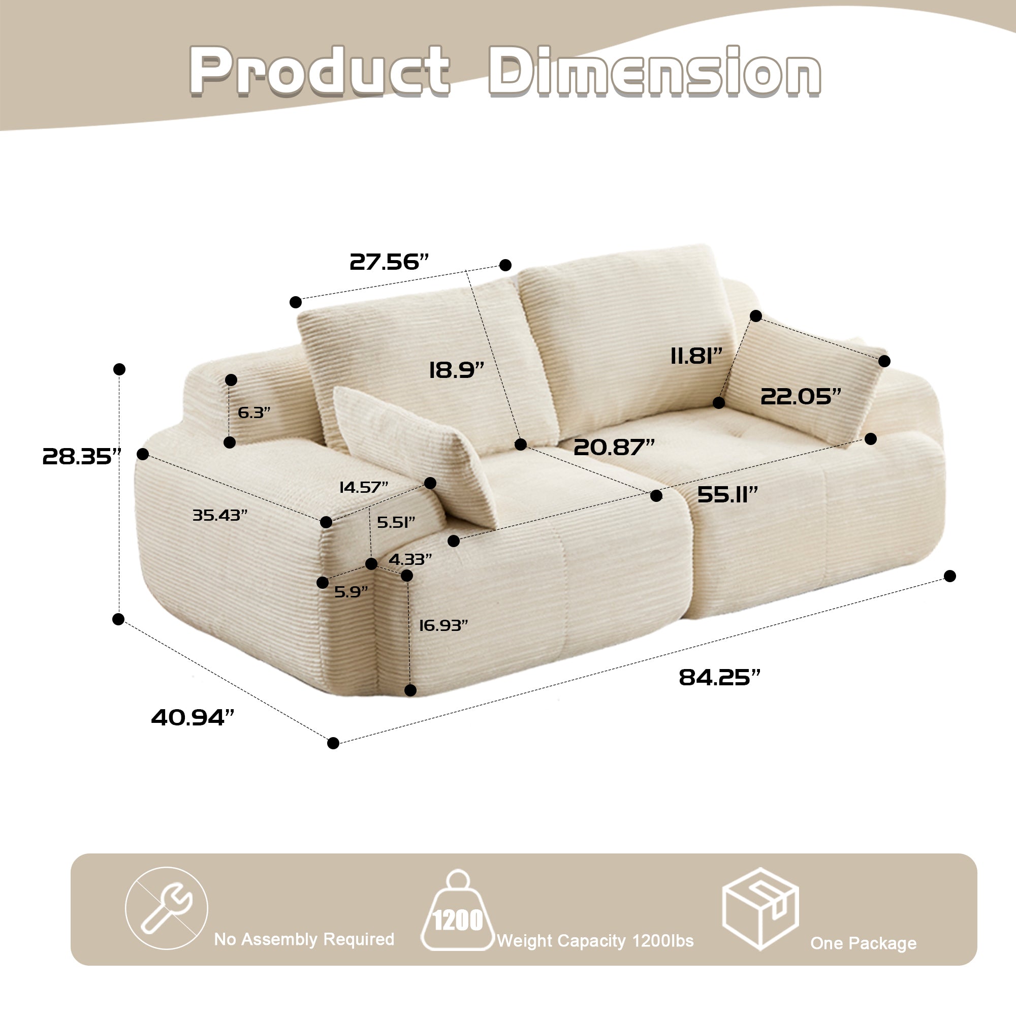Modern Memory Foam Compressed Sofa,2 Seater Large Sectional Couches for Living Room,Pet-Friendly Cloud Modular Sectional Sofa,Corduroy Fabric,Extra Deep Loveseat,No Assembly required, Beige