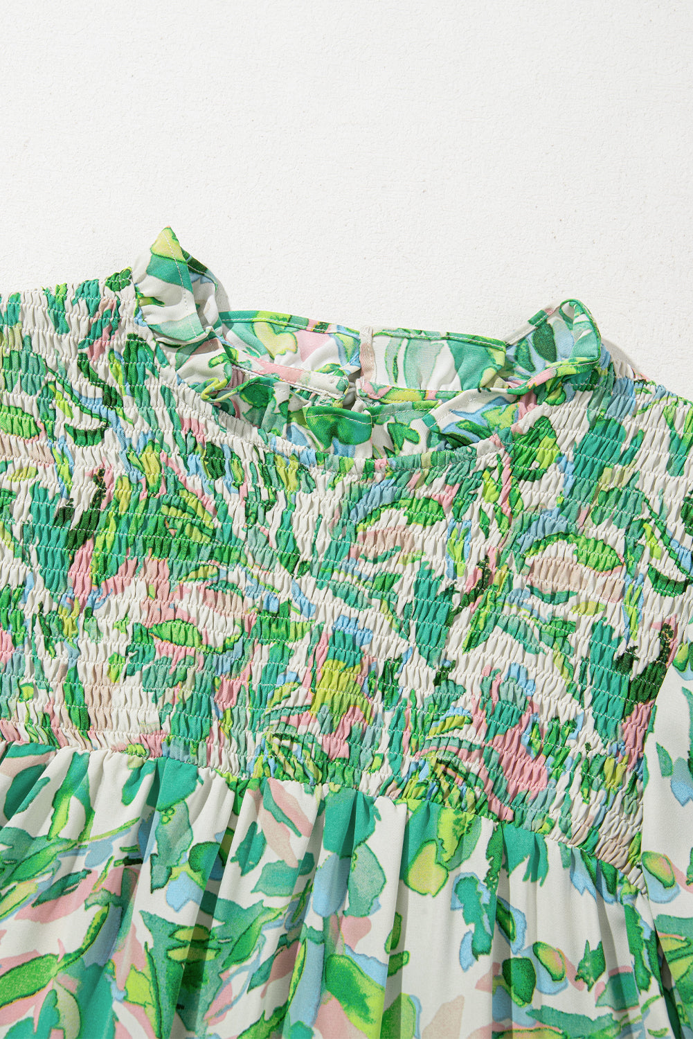 Abstract Floral Flounce Sleeve Mock Neck Blouse