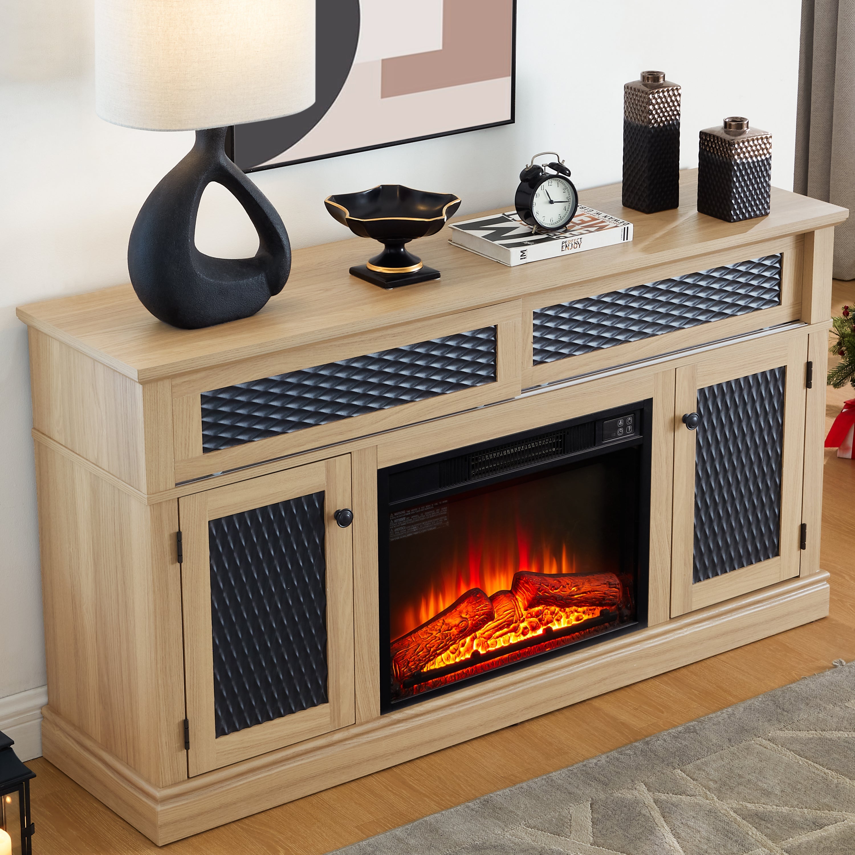 Embossed Pattern TV Stand with 23' fireplace insert,, TV and Media Console with Open and Closed Storage Space and sliding door for Living Room & Bedroom,LIGHT OAK, 58.27'W*15.35'W*31.7H