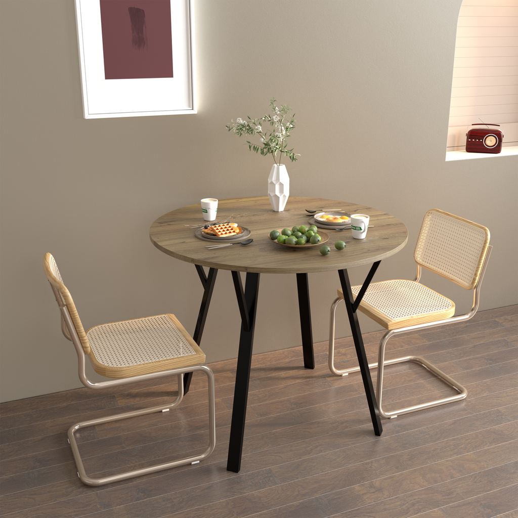 35.43 Inch Round Dining Table, Small Circle Kitchen Table with Metal Black Legs for 2-4 people,Modern Dining Room Table, Brown (only table)