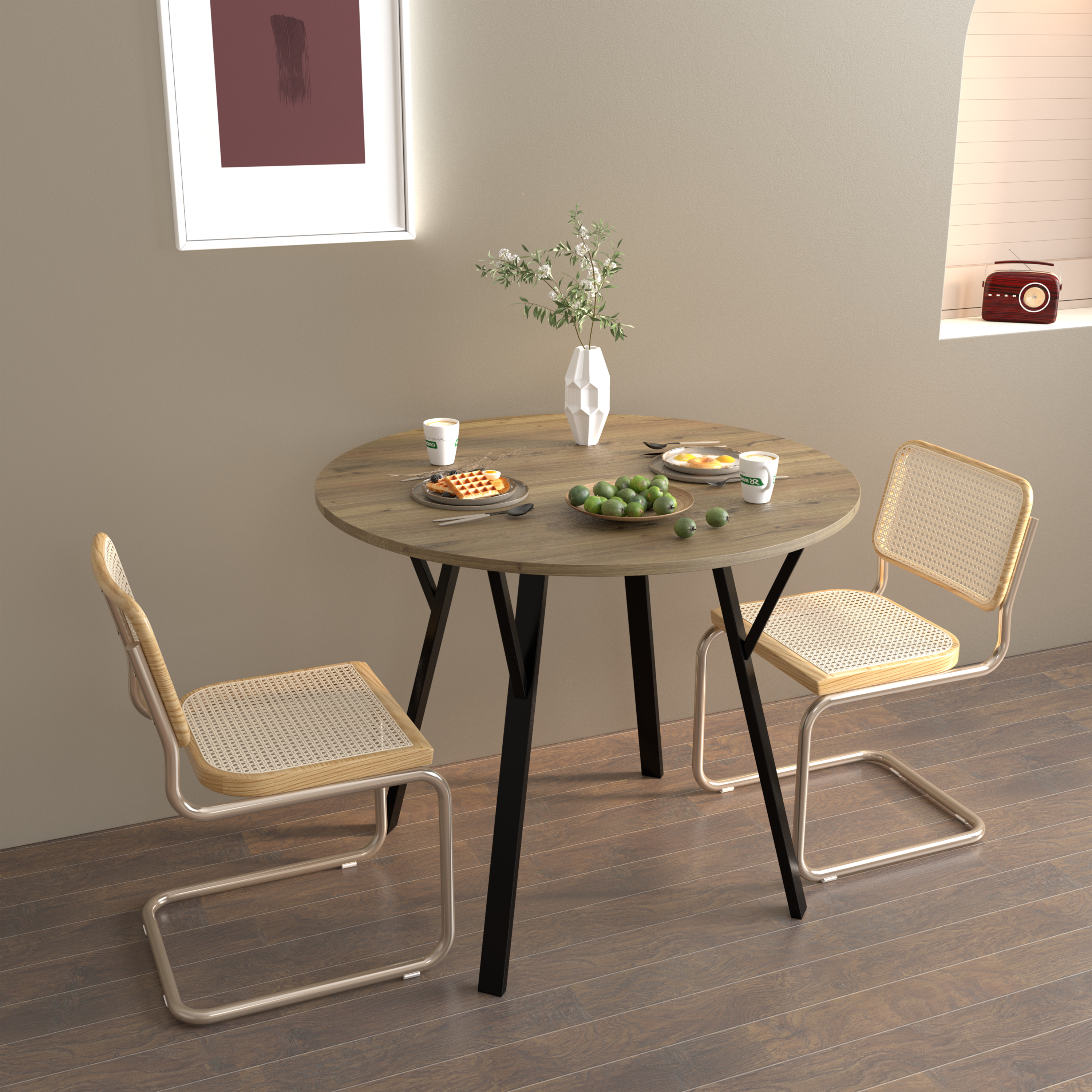 35.43 Inch Round Dining Table, Small Circle Kitchen Table with Metal Black Legs for 2-4 people,Modern Dining Room Table, Brown (only table)