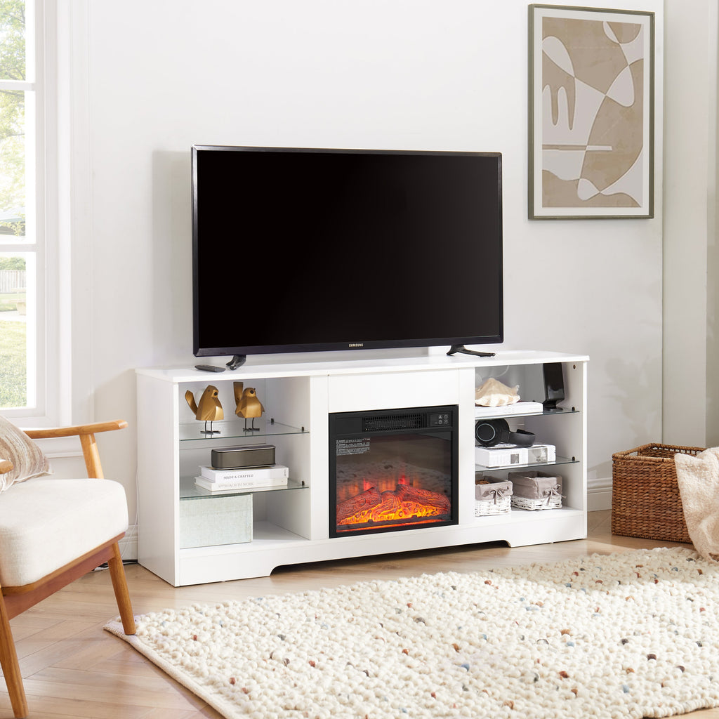TV Stand Electric Fireplace  Glass Shelves, 3D Fireplace TV Stand with LED Lights Wood with USB Charging Outlet Modern Television Table Center for TV up to 62' White, 58''W*15.5''D*24.4