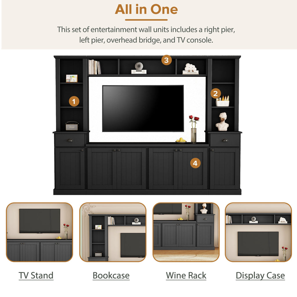 Minimalist Entertainment Wall Unit Set with Bridge for TVs Up to 75'', Ample Storage Space TV Stand with Adjustable Shelves, Modernist Large Media Console for Living Room, Black