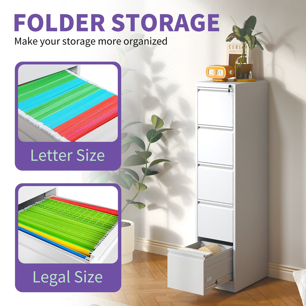 SteelCraft Pro 5 Drawer Metal Vertical File Cabinet with Lock in White for A4 Legal/Letter Size