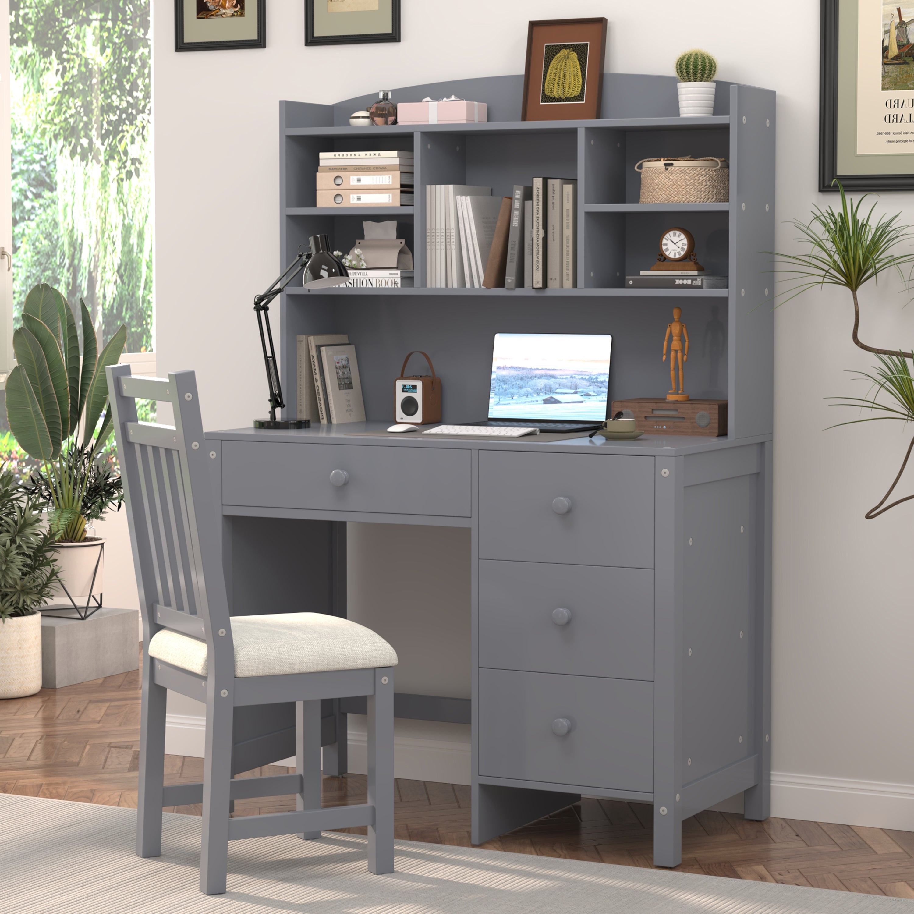 Vintage 40'' Home Executive Desk and Upholstered Chair Set with Bookshelf, Computer Desk with Four Drawers, Storage Shelf, and Chair, Ideal for Office or Study in Bedroom or Living Room, Gray