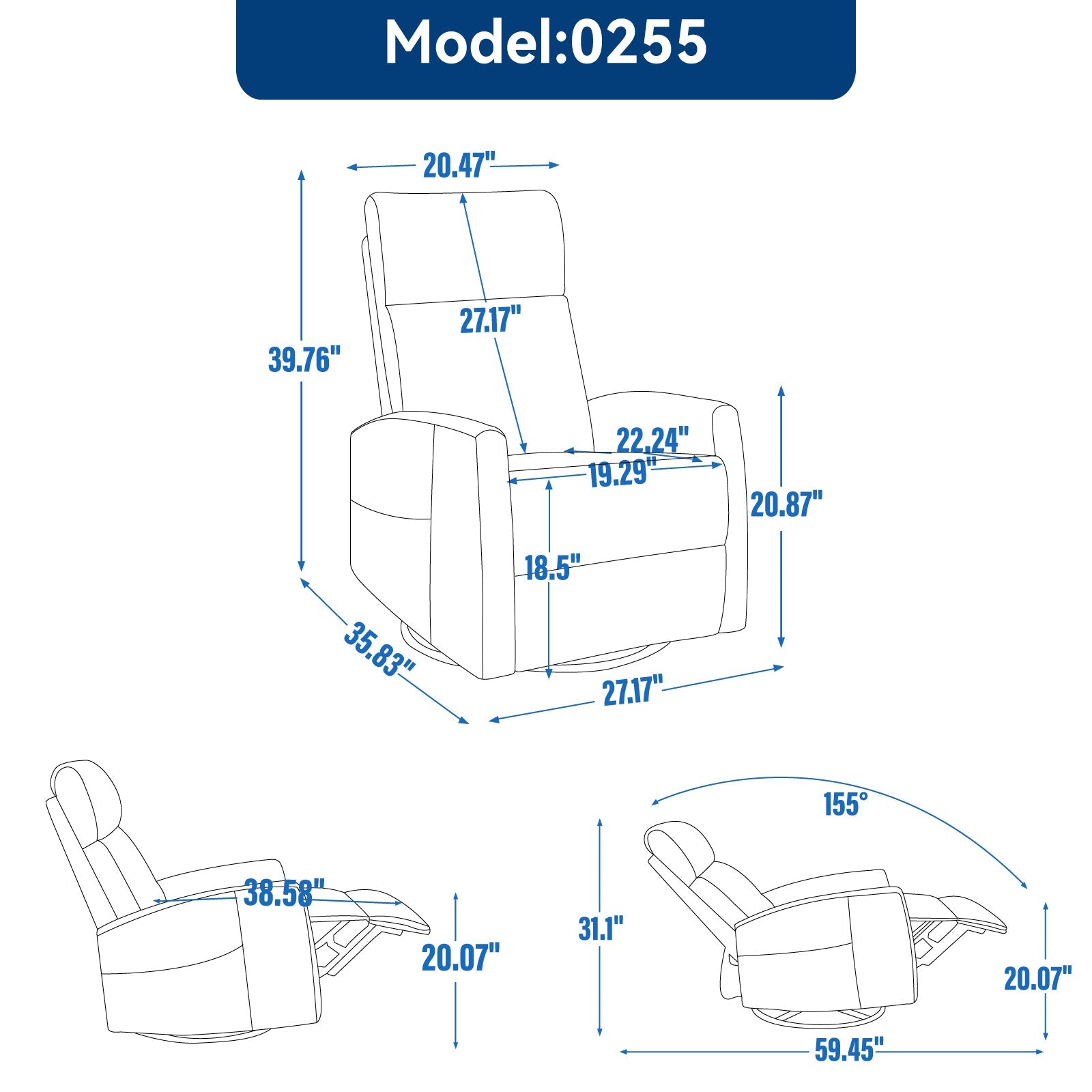 Heat Massage Manual Recliner Chair with Rocker and Swivel in Fabric for Living Room, Grey
