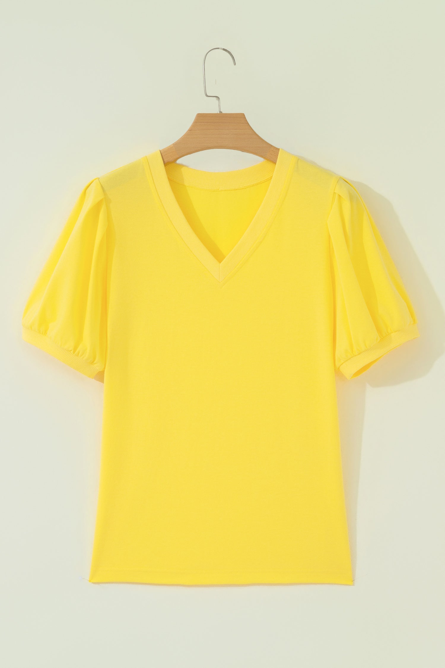 Solid V-Neck Short Puff Sleeve Blouse