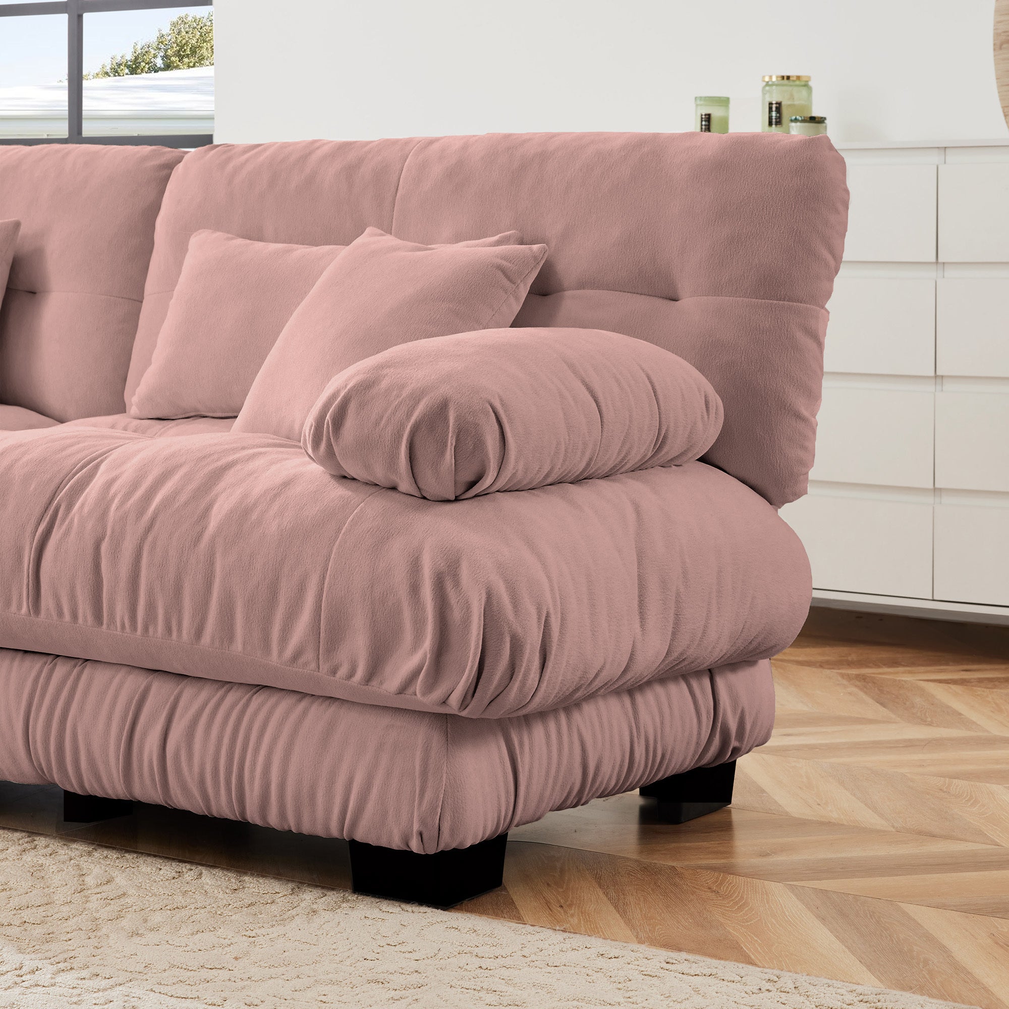 Cloud Couch Sectional Sofa for Living Room, Chenille 2 Seater Sofa with 2 Lumbar pillows and 2 throw pillows , Upholstered Wide Arm Sofa with Convertible Ottoman,Chenille Pink