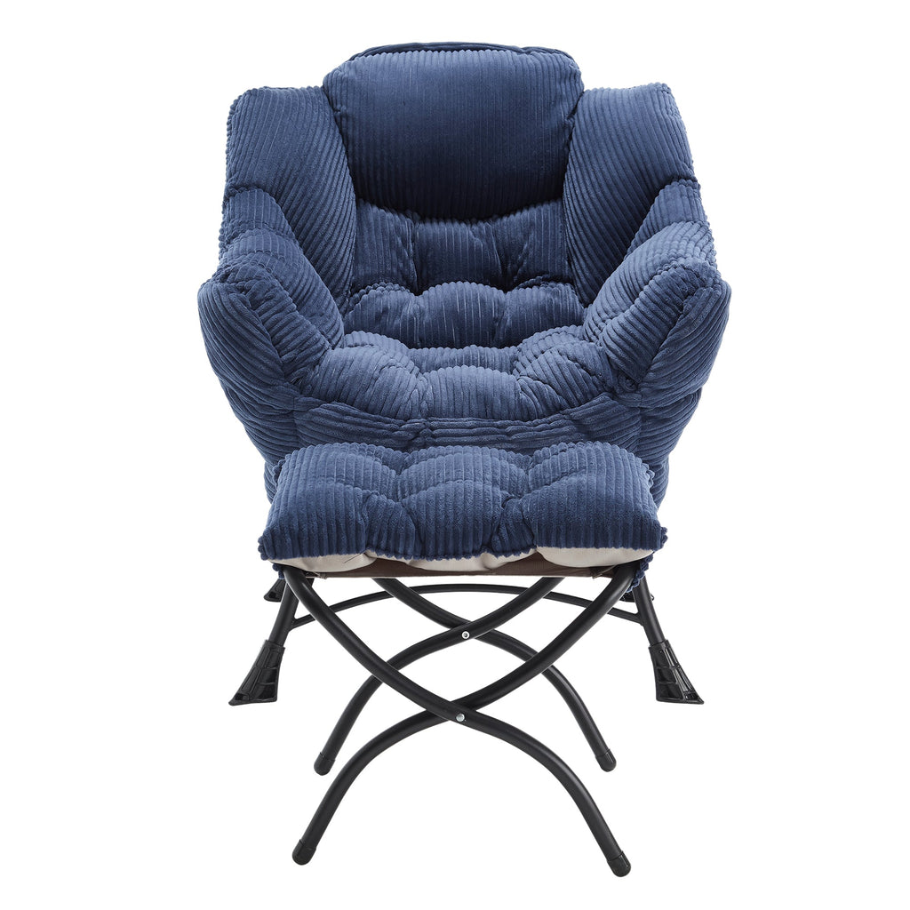 Lazy Chair with Ottoman, Modern Lounge Accent Chair with Armrests and a Side Pocket, Leisure Upholstered Sofa Chair Reading Chair with Footrest for Small Space, Corner Chair-Navy blue