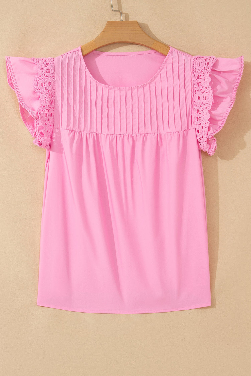 Solid Lace Flutter Sleeve Pleated Blouse