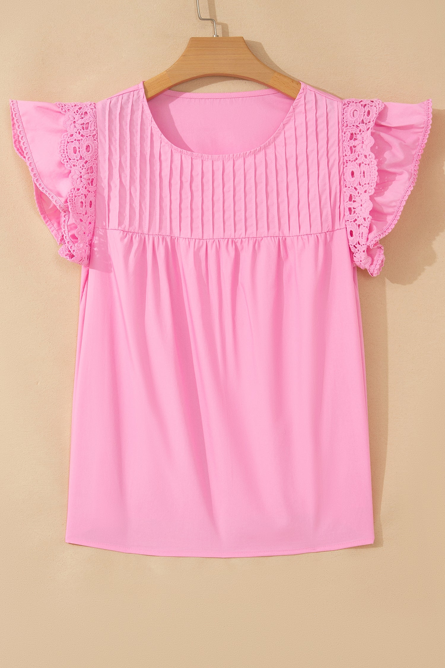 Solid Lace Flutter Sleeve Pleated Blouse
