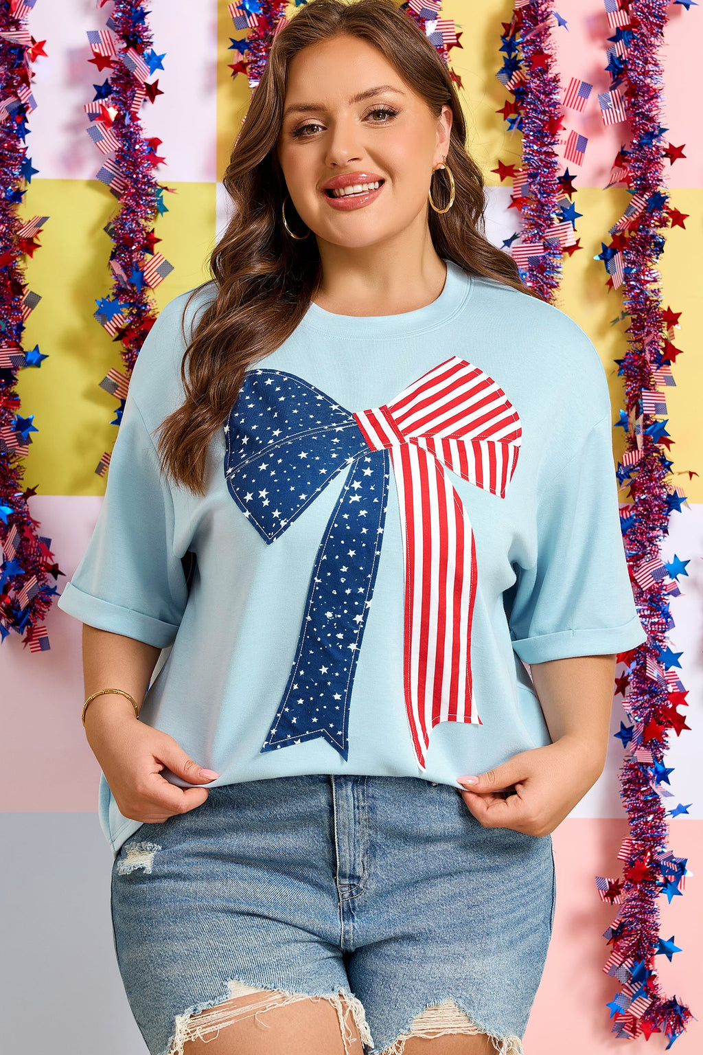 Plus Size Patriotic Stars & Stripes Bow Patchwork T-Shirt