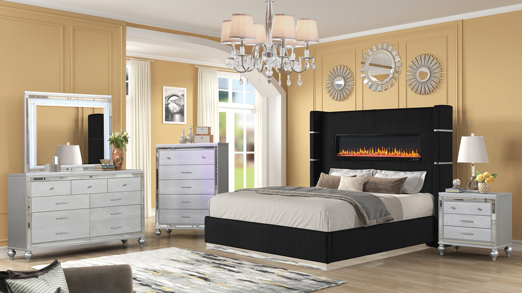 LIZZELLE Upholstery Wooden King 5 PC Bedroom set with Ambient lighting in Black Velvet Finish(NJ INVENTORY)